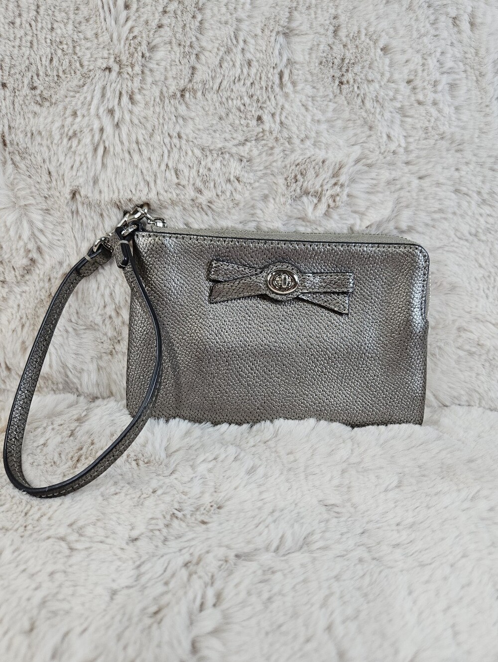 2015 Coach Metallic Silver Wristlet Clutch with Bow Accent